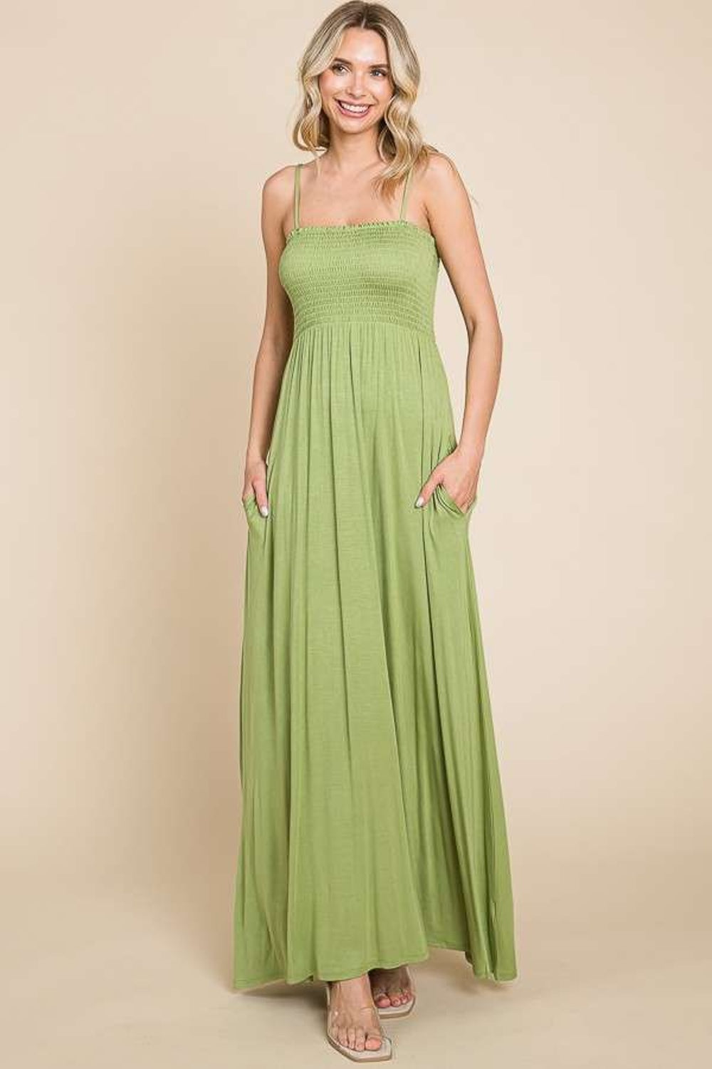 Culture Code Full Size Smocked Cami Maxi Dress with Pockets Happy Olive S Women&