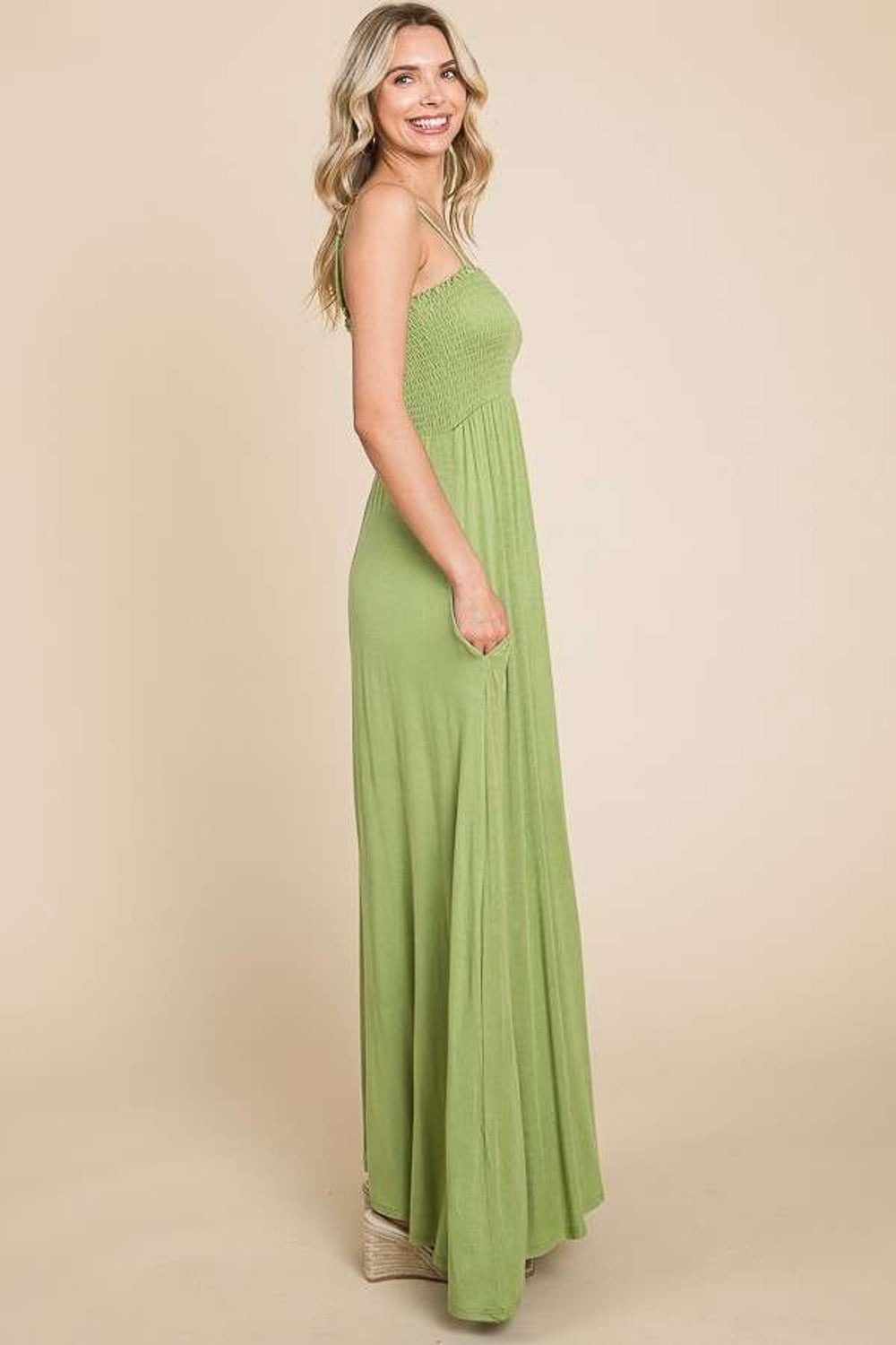 Culture Code Full Size Smocked Cami Maxi Dress with Pockets Happy Olive Women&