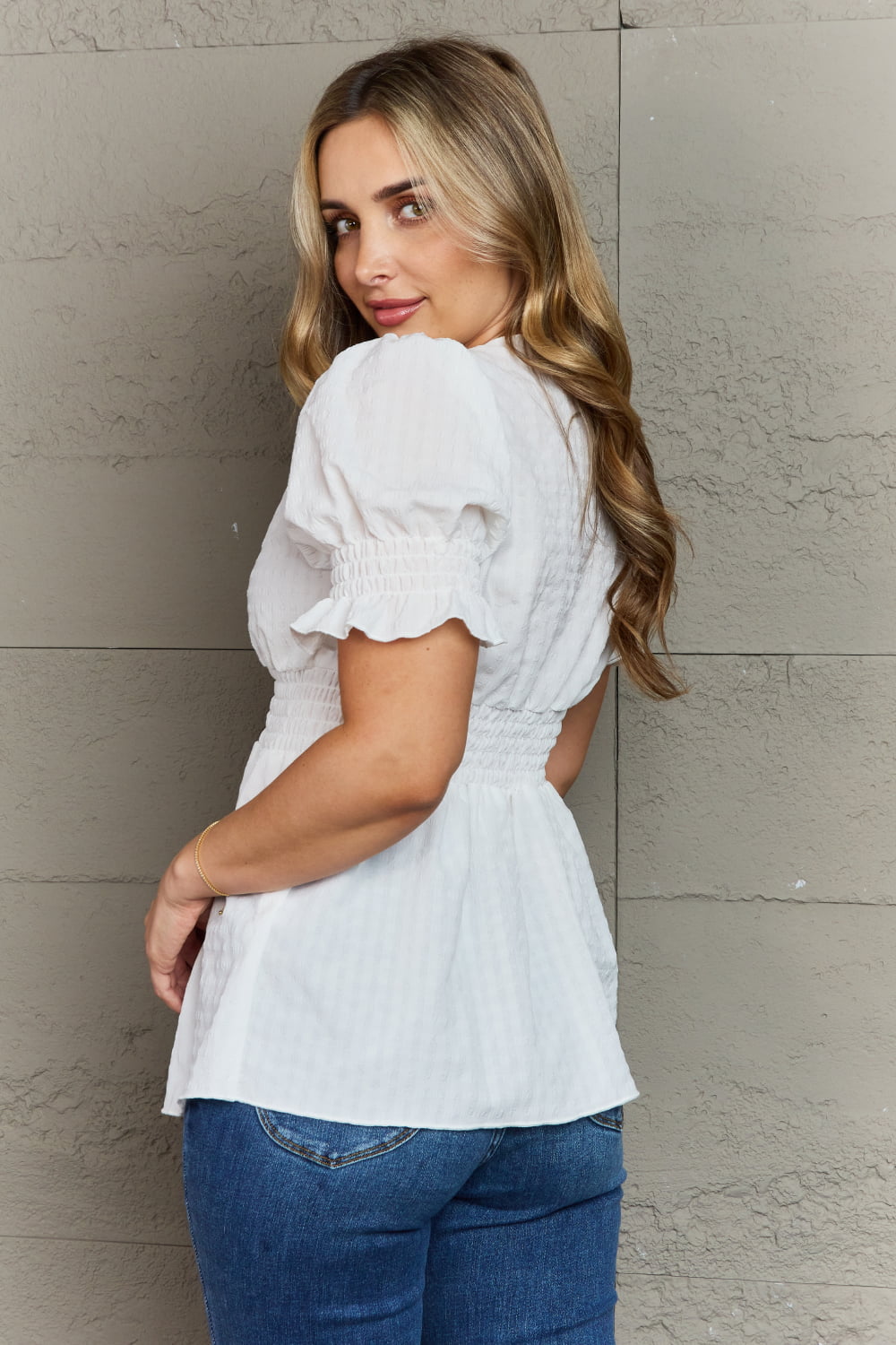 Culture Code Sweet Serenity Full Size V-Neck Puff Sleeve Button Down Top White Tops by Trendsi | Fleurcouture