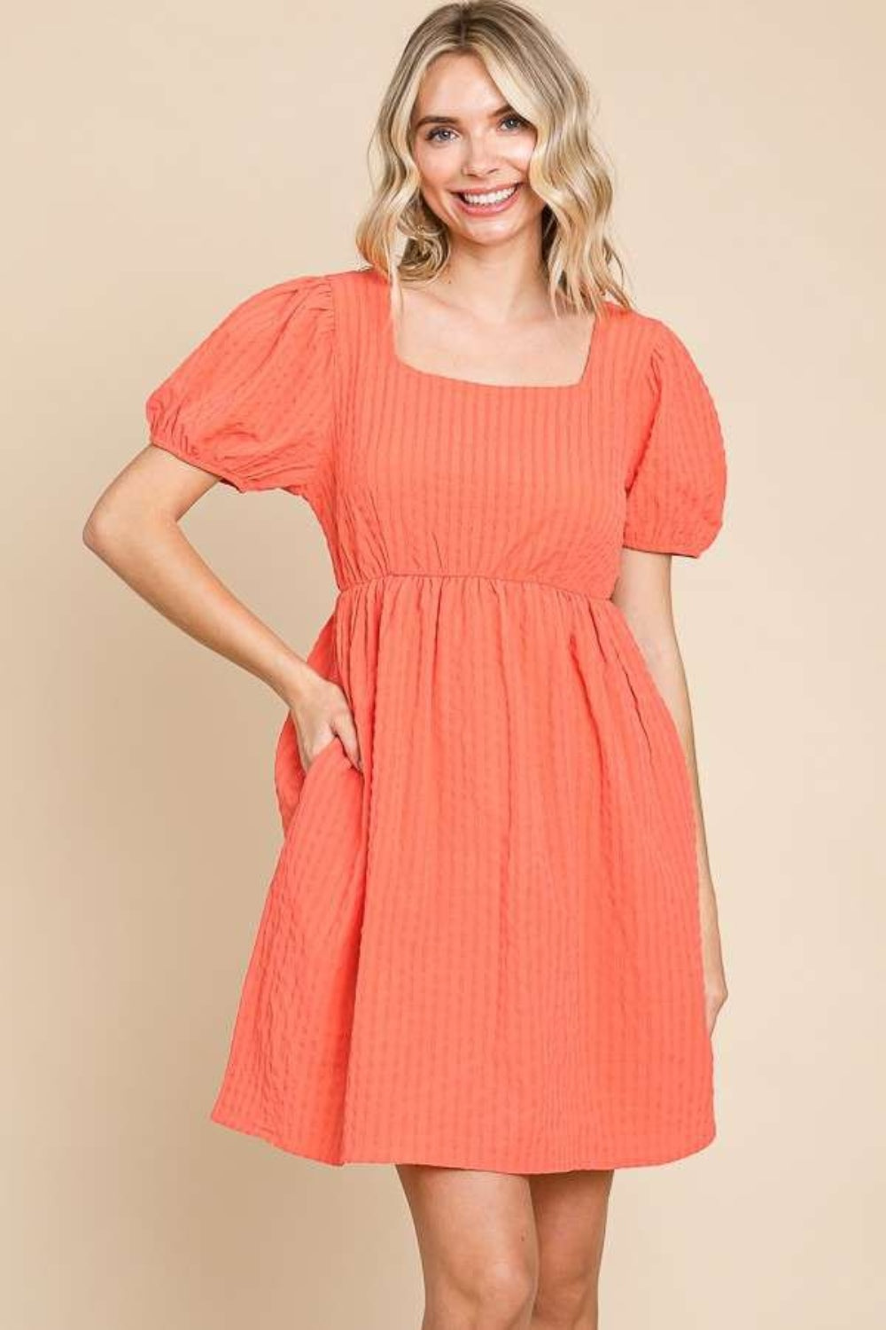 Culture Code Textured Square Neck Short Sleeve Dress Sugar Coral S Women&