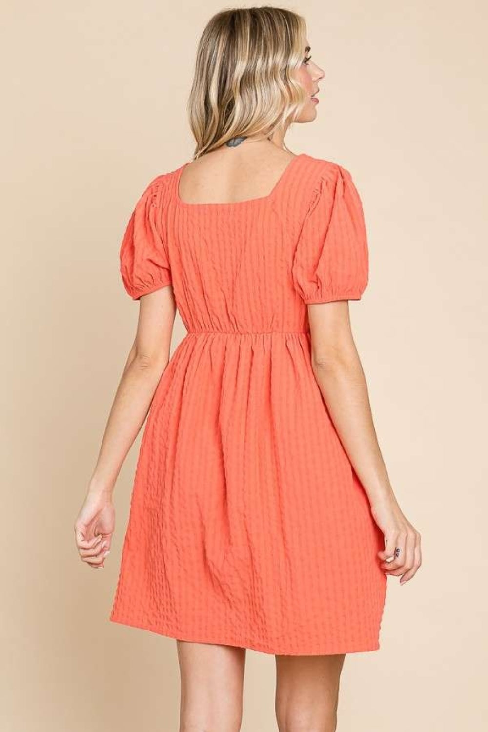 Culture Code Textured Square Neck Short Sleeve Dress Sugar Coral Women&