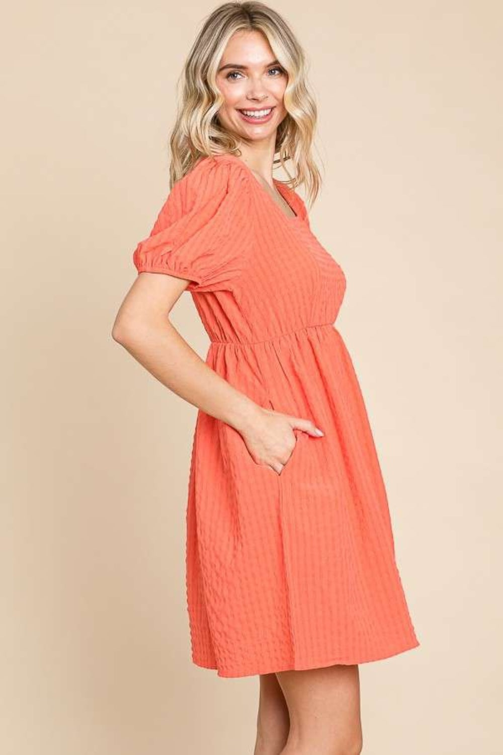 Culture Code Textured Square Neck Short Sleeve Dress Sugar Coral Women&