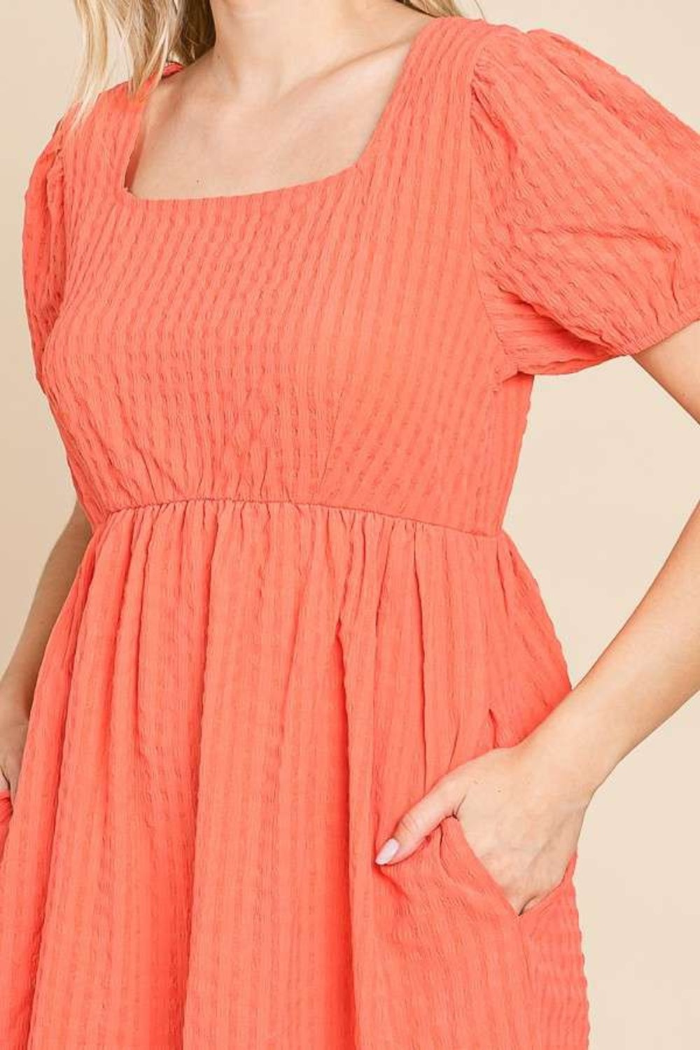 Culture Code Textured Square Neck Short Sleeve Dress Sugar Coral Women&