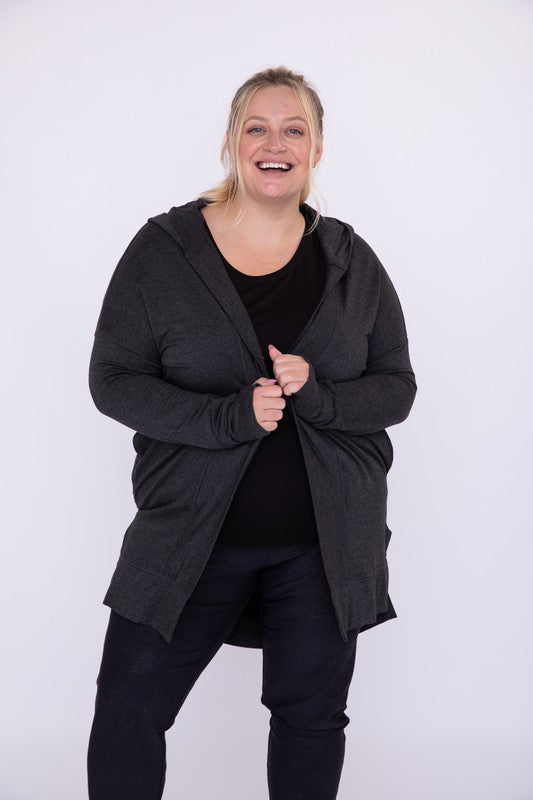 Curvy Longline Hooded Cardigan with Pockets Black 1XL by Mono B | Fleurcouture