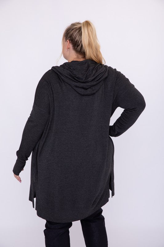 Curvy Longline Hooded Cardigan with Pockets by Mono B | Fleurcouture