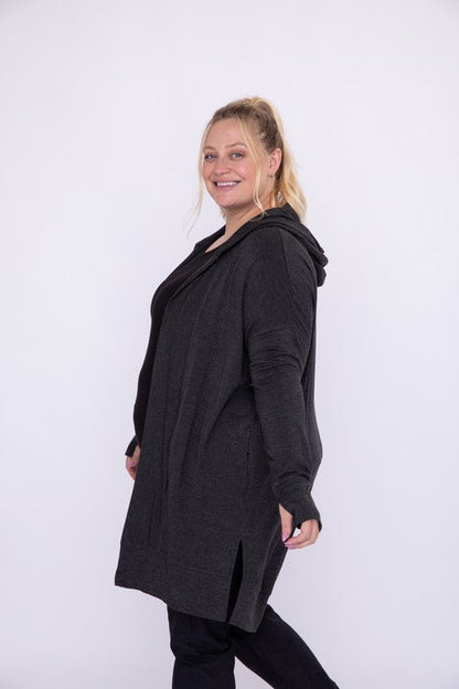 Curvy Longline Hooded Cardigan with Pockets by Mono B | Fleurcouture