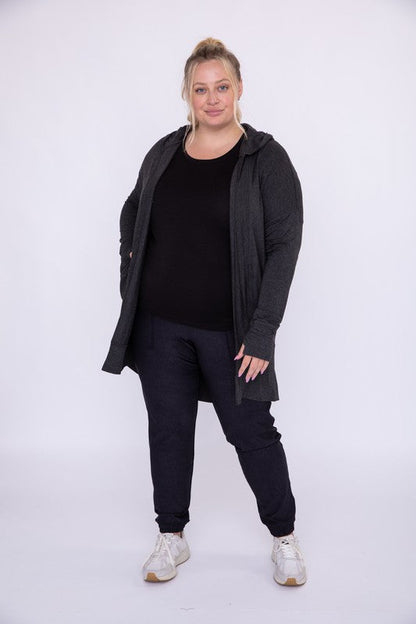 Curvy Longline Hooded Cardigan with Pockets by Mono B | Fleurcouture