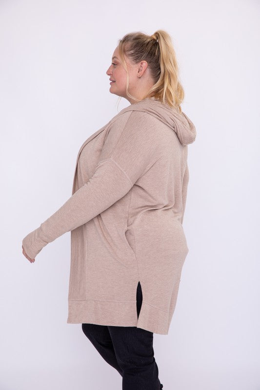 Curvy Longline Hooded Cardigan with Pockets by Mono B | Fleurcouture