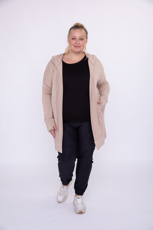 Curvy Longline Hooded Cardigan with Pockets by Mono B | Fleurcouture