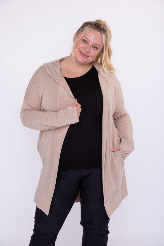 Curvy Longline Hooded Cardigan with Pockets Natural 1XL by Mono B | Fleurcouture