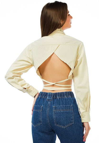 Cut Out Back Long Sleeve Jacket With Strings Stone by Rag Company | Fleurcouture