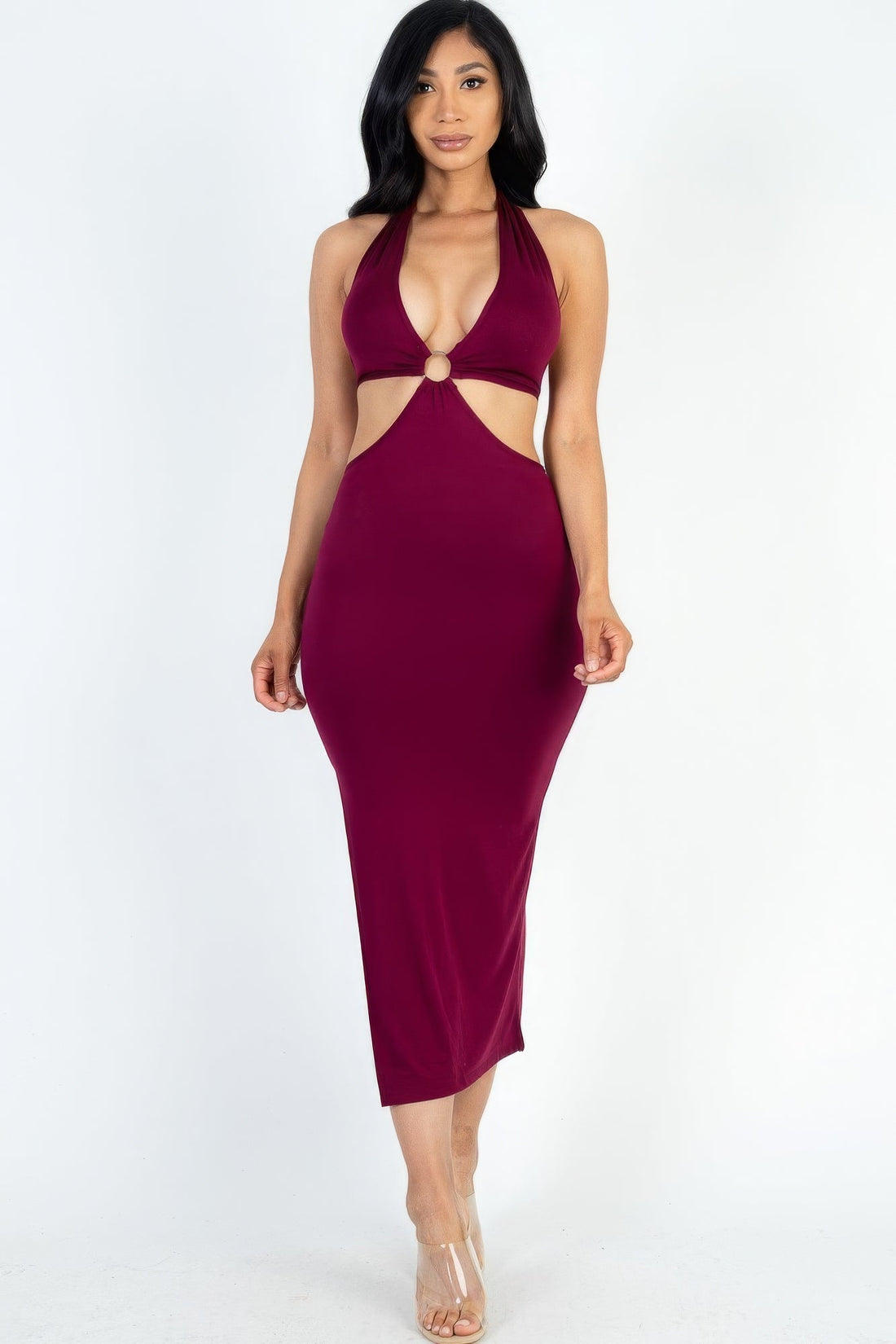 Cut-out Halter Neck Double Back Tie Split Thigh Midi Dress by Fleurcouture | Fleurcouture