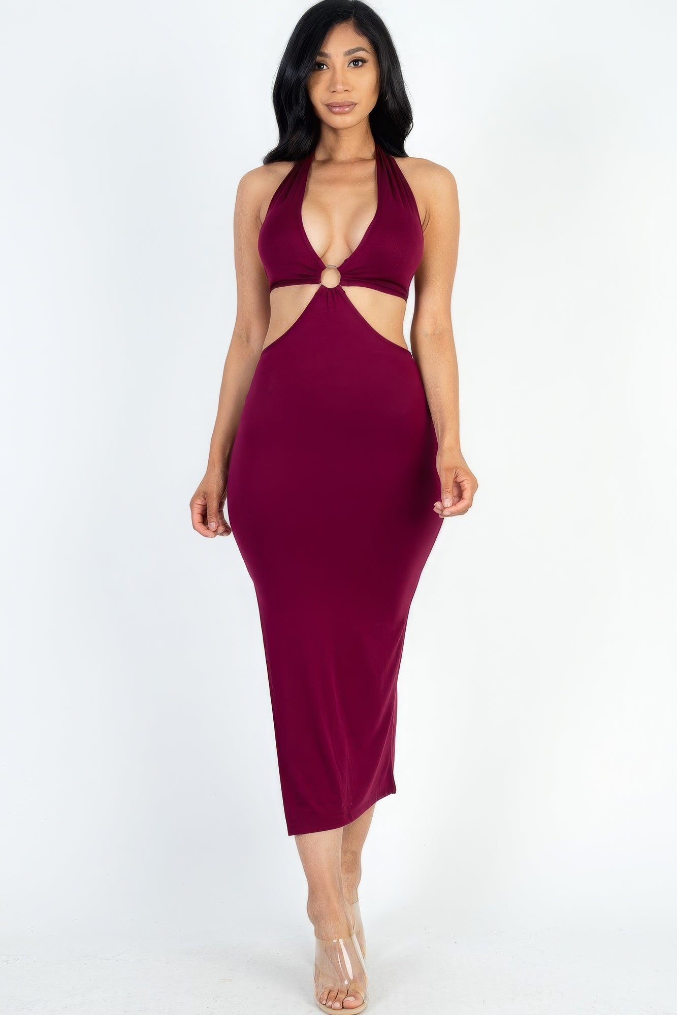 Cut-out Halter Neck Double Back Tie Split Thigh Midi Dress by Fleurcouture | Fleurcouture