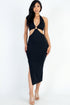Cut-out Halter Neck Double Back Tie Split Thigh Midi Dress by Fleurcouture | Fleurcouture