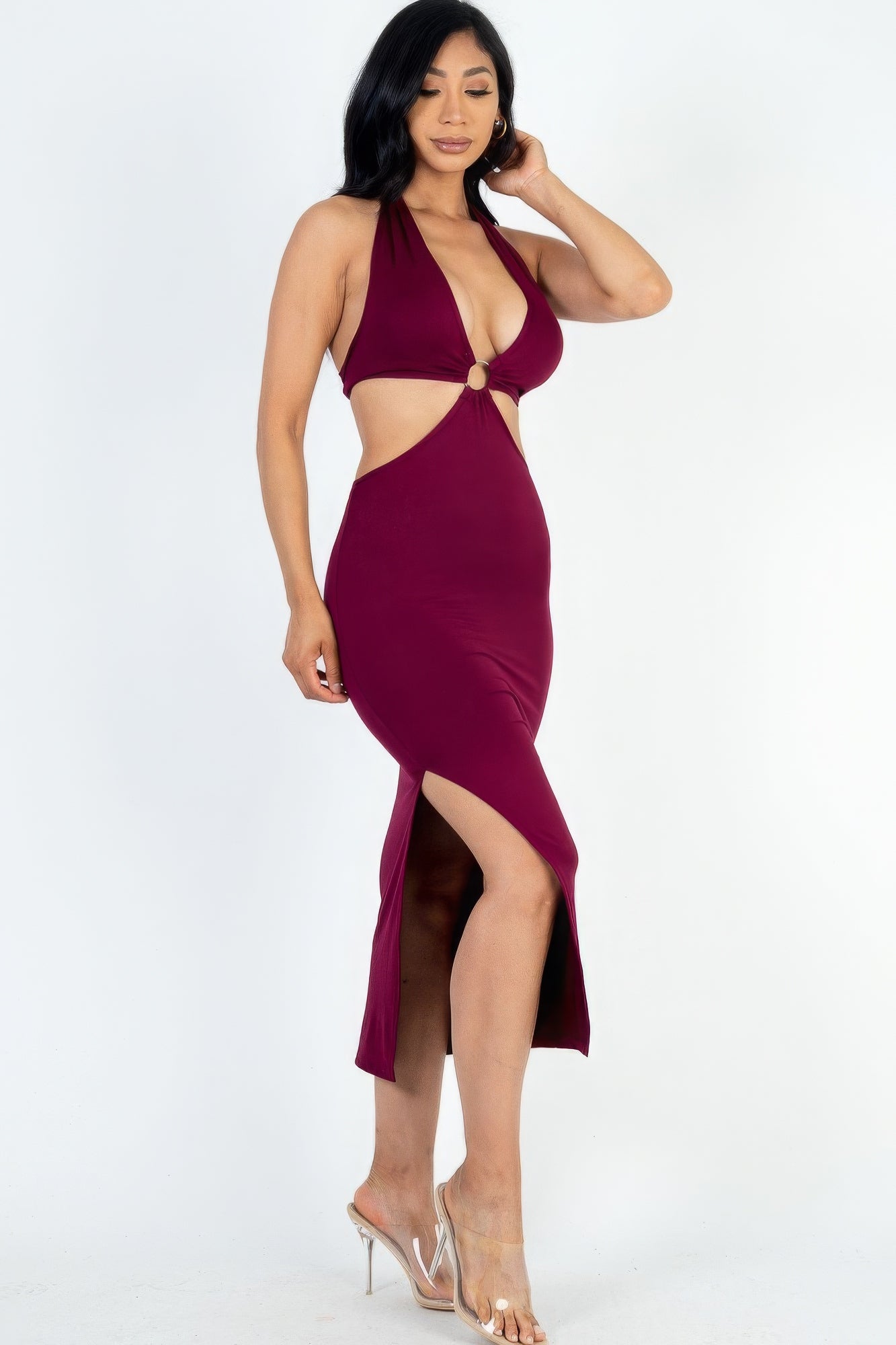 Cut-out Halter Neck Double Back Tie Split Thigh Midi Dress by Fleurcouture | Fleurcouture
