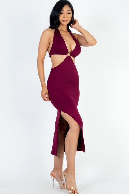 Cut-out Halter Neck Double Back Tie Split Thigh Midi Dress by Fleurcouture | Fleurcouture