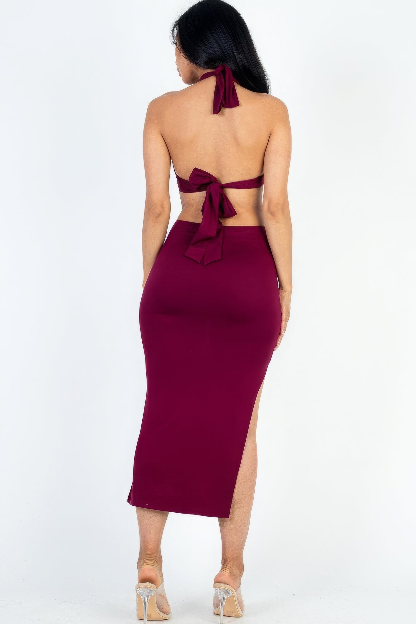 Cut-out Halter Neck Double Back Tie Split Thigh Midi Dress by Fleurcouture | Fleurcouture