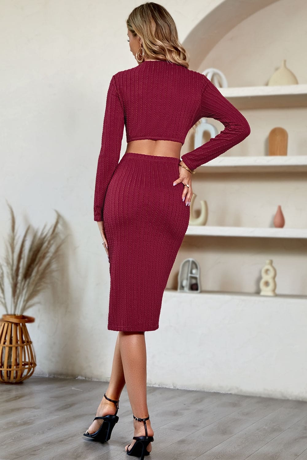 Cutout Crisscross Round Neck Long Sleeve Dress by Trendsi | Fleurcouture