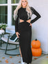 Cutout Round Neck Long Sleeve Slit Maxi Dress Black S Women&