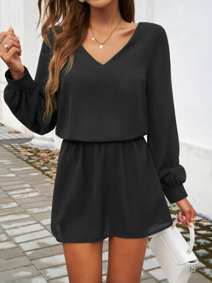 Cutout V-Neck Long Sleeve Mini Dress Black S Women&