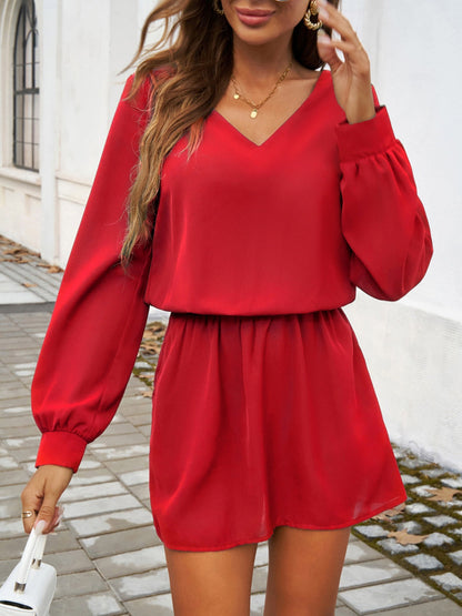 Cutout V-Neck Long Sleeve Mini Dress Deep Red S Women&