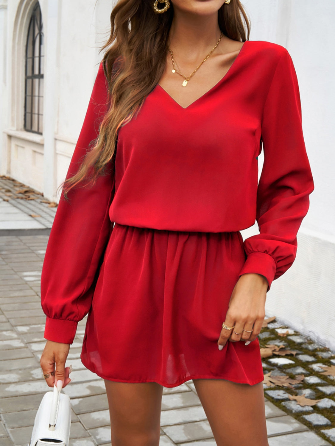 Cutout V-Neck Long Sleeve Mini Dress Women&