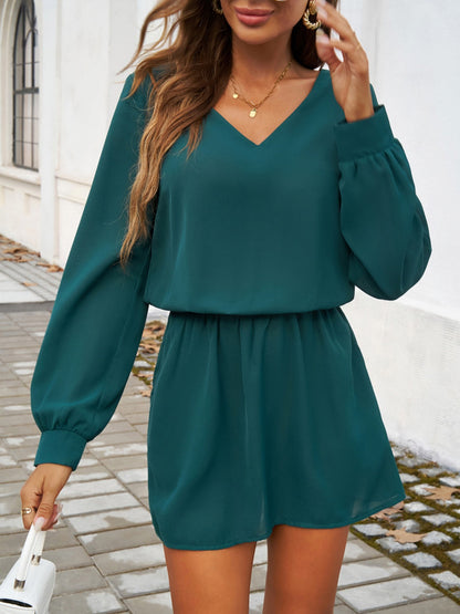 Cutout V-Neck Long Sleeve Mini Dress Women&