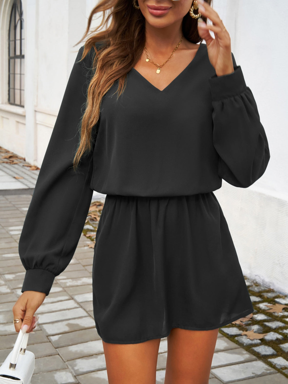 Cutout V-Neck Long Sleeve Mini Dress Women&