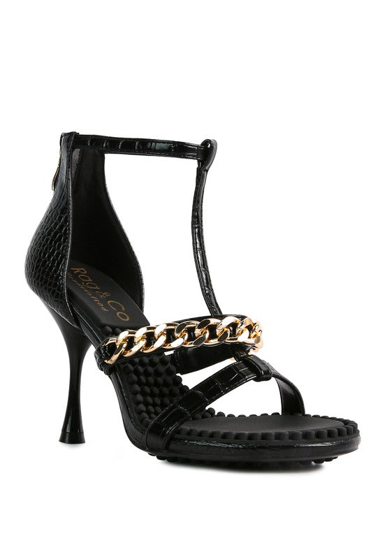 DAKOTA Metal Chain Mid Heel Sandals Black 6 by Rag Company | Fleurcouture