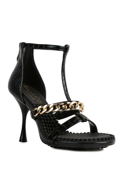 DAKOTA Metal Chain Mid Heel Sandals Black 6 by Rag Company | Fleurcouture