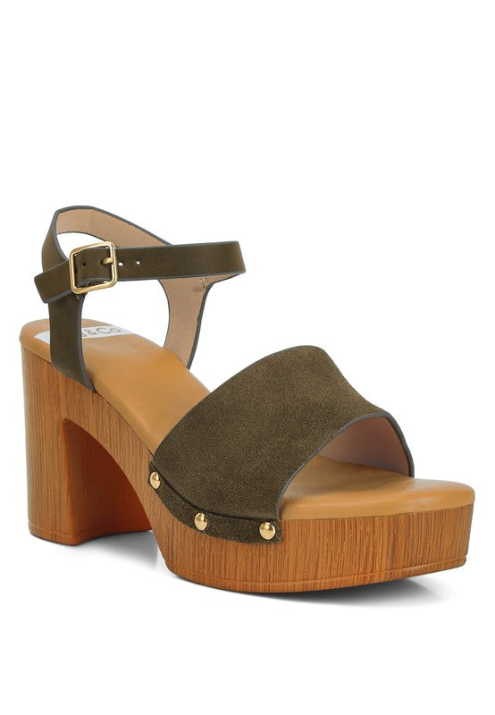 Daniela Suede High Block Sandals Olive US-5 / UK-3 / EU-36 by Rag Company | Fleurcouture