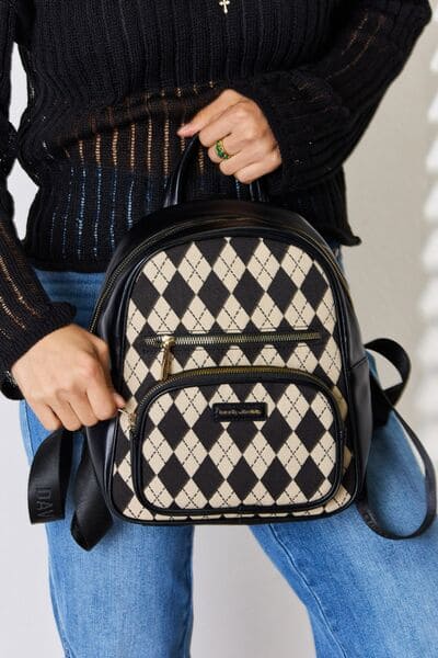 David Jones Argyle Pattern PU Leather Backpack Black One Size by Trendsi | Fleurcouture