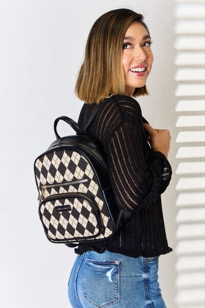 David Jones Argyle Pattern PU Leather Backpack Black One Size by Trendsi | Fleurcouture