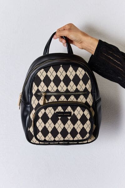 David Jones Argyle Pattern PU Leather Backpack Black One Size by Trendsi | Fleurcouture