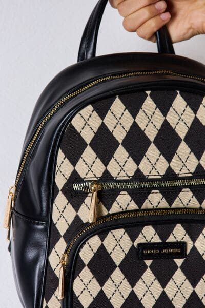 David Jones Argyle Pattern PU Leather Backpack Black One Size by Trendsi | Fleurcouture