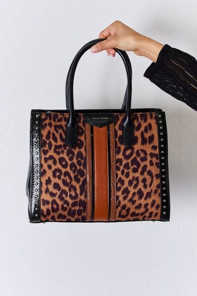 David Jones Leopard Contrast Rivet Handbag Black One Size by Trendsi | Fleurcouture