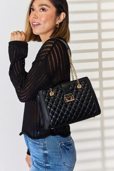 David Jones Quilted PU Leather Handbag Black One Size by Trendsi | Fleurcouture