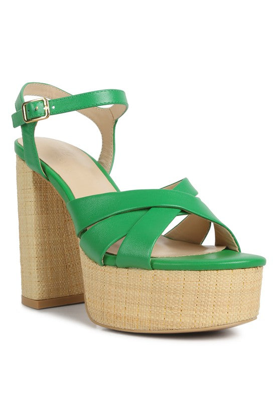 De-Vil Crisscross Straps Slim Block Heel Sandals Green 9 by Rag Company | Fleurcouture