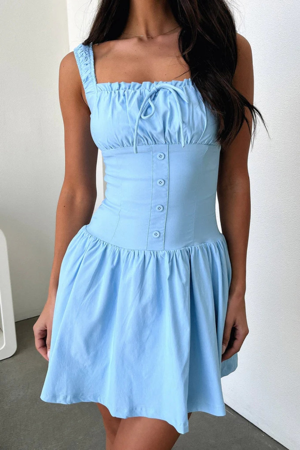 Decorative Button Square Neck Cami Dress Sky Blue S Women&