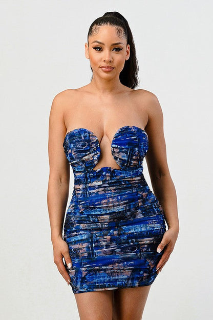 DEEP OCEAN PRINT MINI BODYCON DRESS BLUE by Athina | Fleurcouture