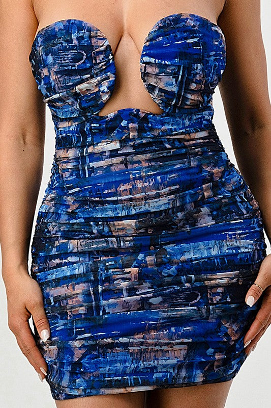 DEEP OCEAN PRINT MINI BODYCON DRESS BLUE by Athina | Fleurcouture