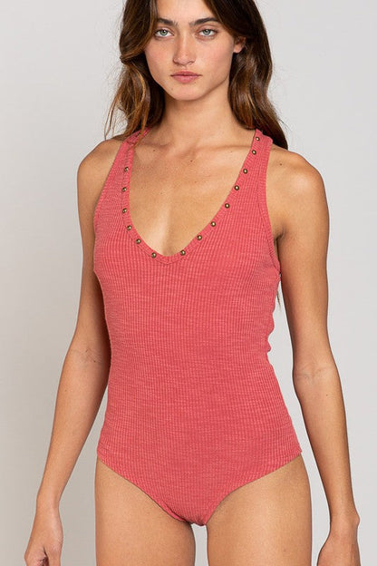 Deep V-neck Stud Bodysuit RASPBERRY ROSE S by POL | Fleurcouture