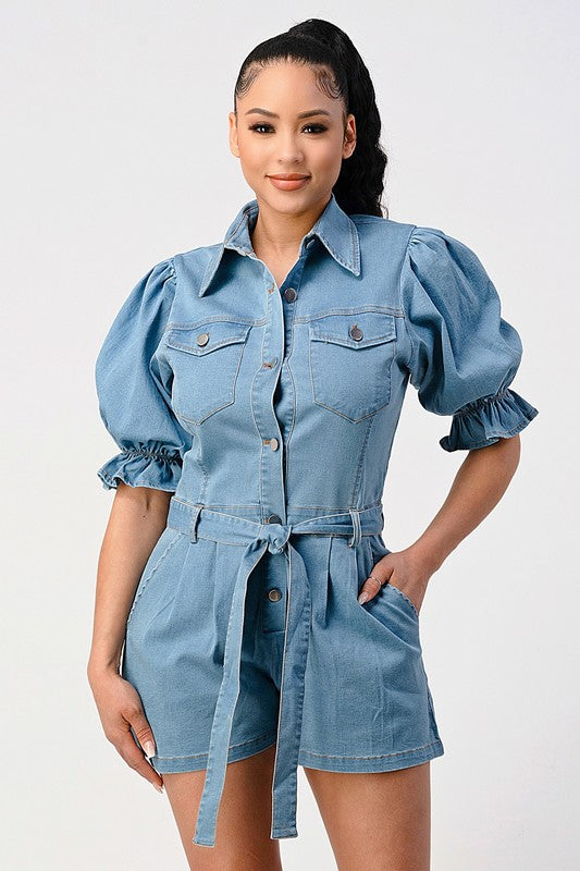 DENIM BUTTON DOWN ROMPER DENIM by Athina | Fleurcouture