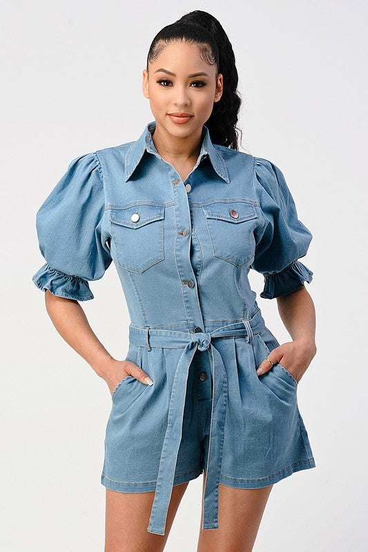 DENIM BUTTON DOWN ROMPER DENIM by Athina | Fleurcouture