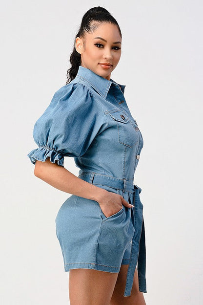 DENIM BUTTON DOWN ROMPER DENIM by Athina | Fleurcouture