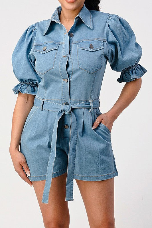 DENIM BUTTON DOWN ROMPER DENIM S by Athina | Fleurcouture