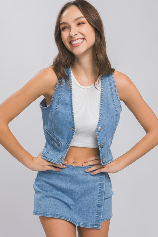 Denim Buttoned Vest Top LT.BLUE by Love Tree | Fleurcouture