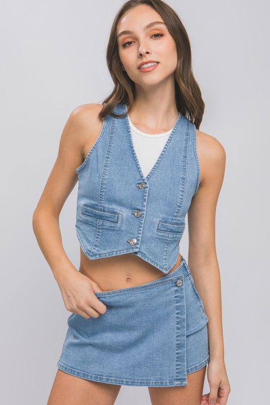 Denim Buttoned Vest Top LT.BLUE S by Love Tree | Fleurcouture