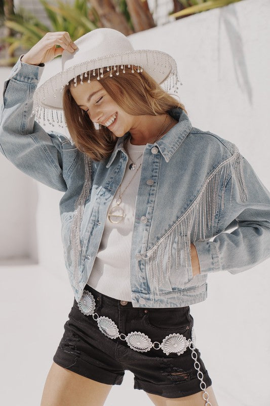 Denim Chevron Fringe Jacket Off White by Blue B | Fleurcouture