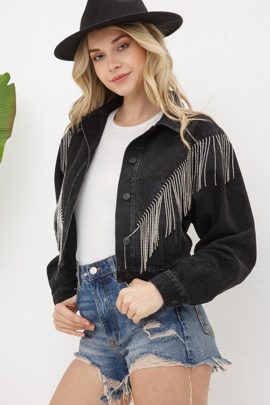 Denim Chevron Fringe Jacket Off White by Blue B | Fleurcouture